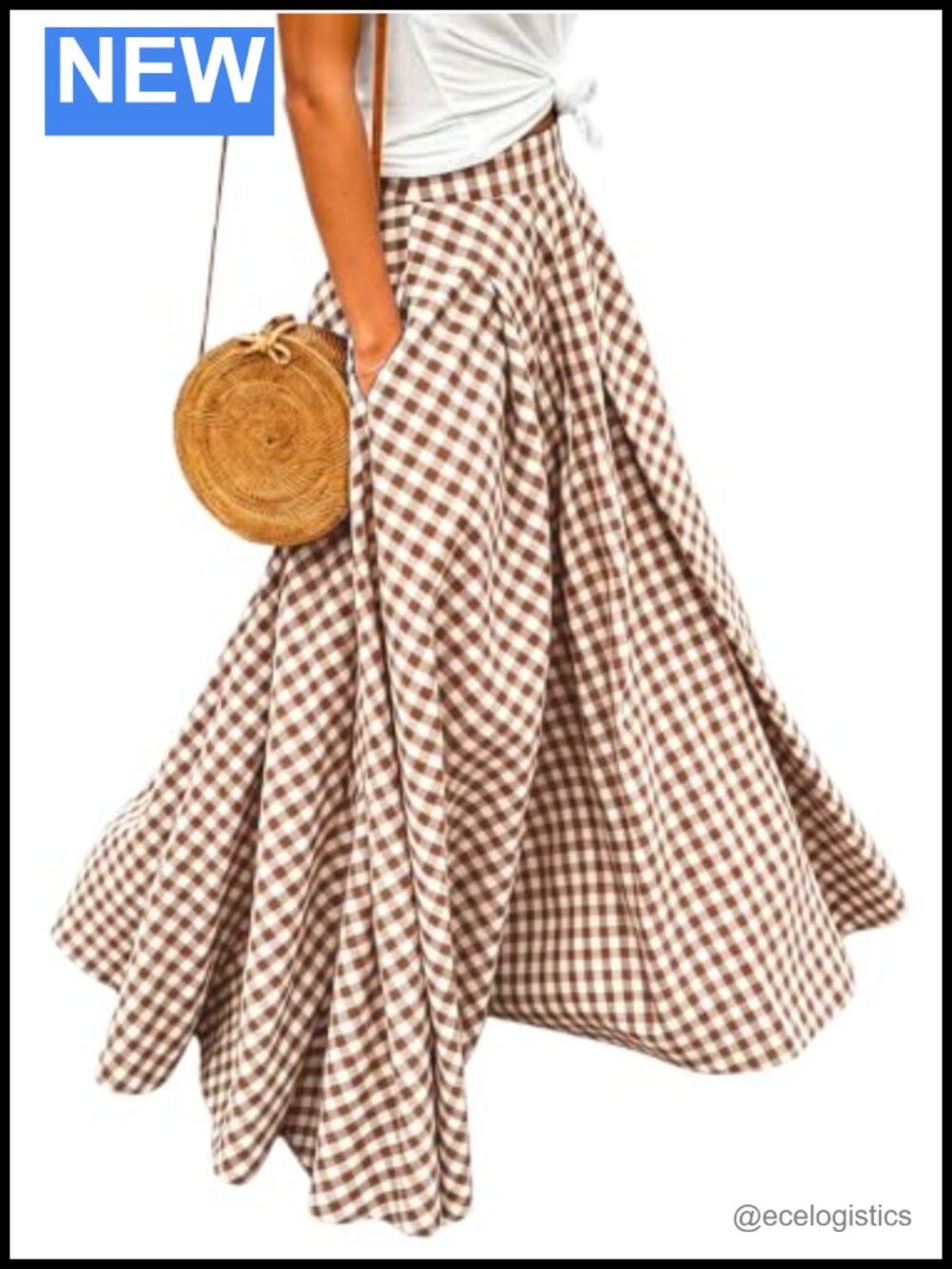 Plaid Gingham Maxi Skirt Elastic Waist Pleated Flared A-Line Summer Long Skirt